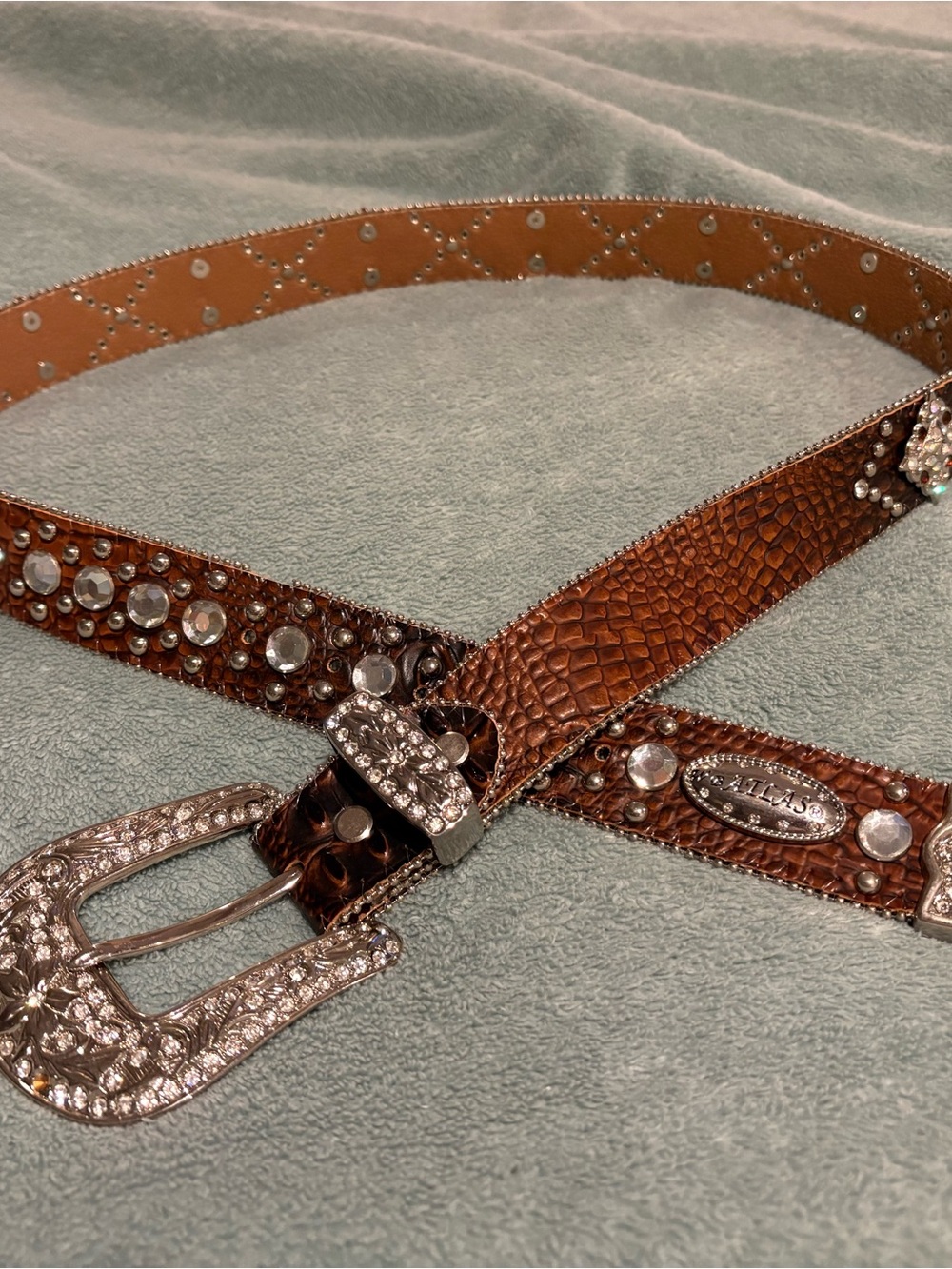 Brown Embossed Western Women's Belt with Crystal Buckle